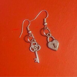 Adorable Handmade pair of Silver Metal Heart Lock + Key Earrings